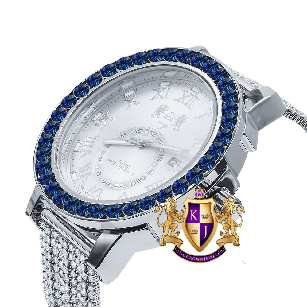 Sapphire Blue Solitaire Roman Numeral Dial 18K White Gold Finish 12 Cwt. Simulated Diamond Men's Custom Designer Luxury Watch With Date 54mm