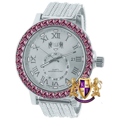 Soft Baby Pink Solitaire Roman Numeral Dial 18K White Gold Finish 12 Cwt. Simulated Diamond Men's Custom Designer Watch With Date 54mm