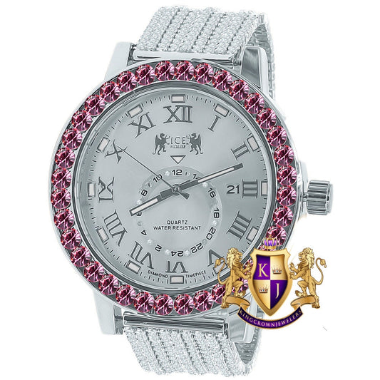 Soft Baby Pink Solitaire Roman Numeral Dial 18K White Gold Finish 12 Cwt. Simulated Diamond Men's Custom Designer Watch With Date 54mm