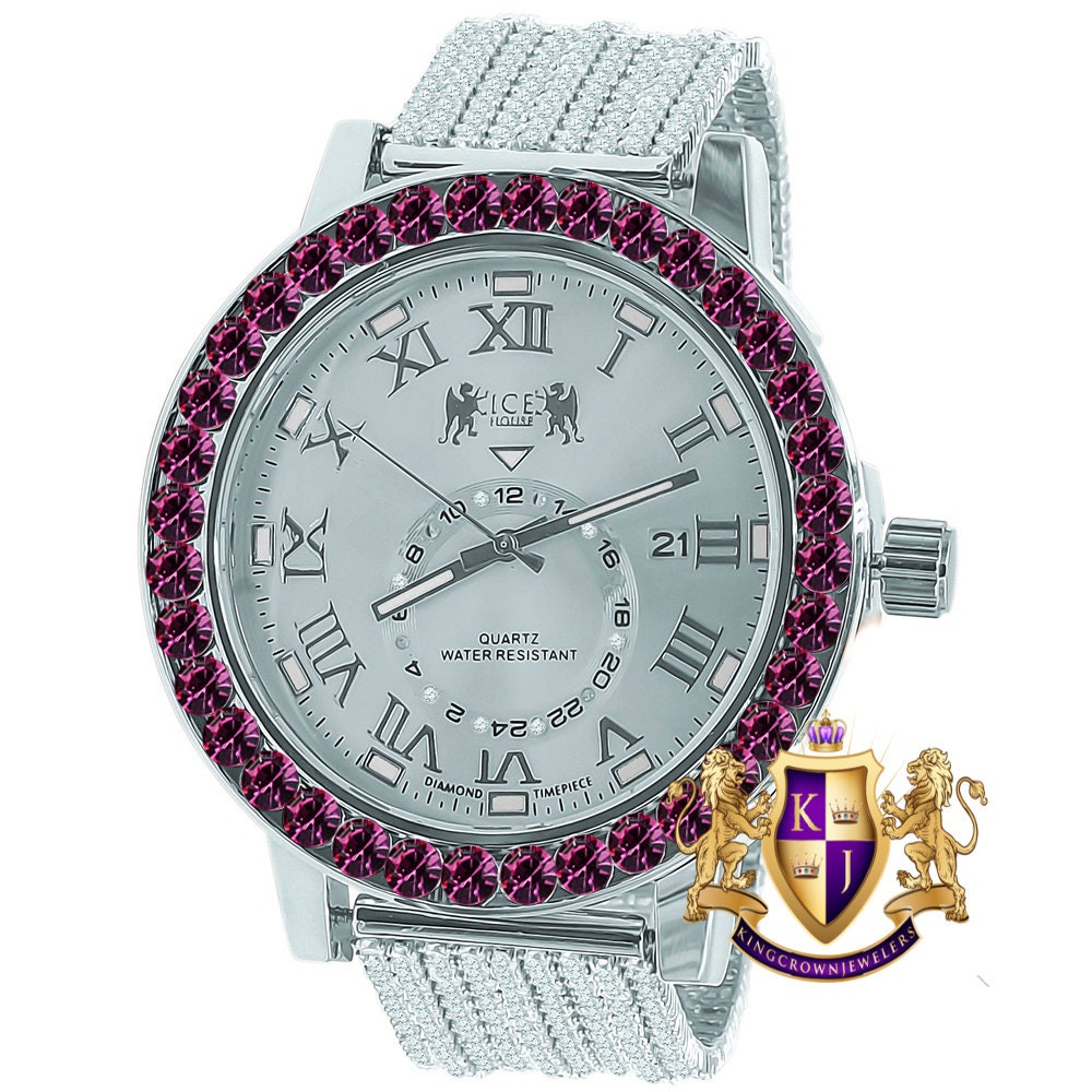 Fire Pink Solitaire Roman Numeral Dial Face 18K White Gold Finish Cwt. Simulated Diamond Men's Custom Designer Watch With Date 54mm