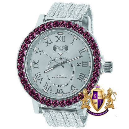 Fire Pink Solitaire Roman Numeral Dial Face 18K White Gold Finish Cwt. Simulated Diamond Men's Custom Designer Watch With Date 54mm