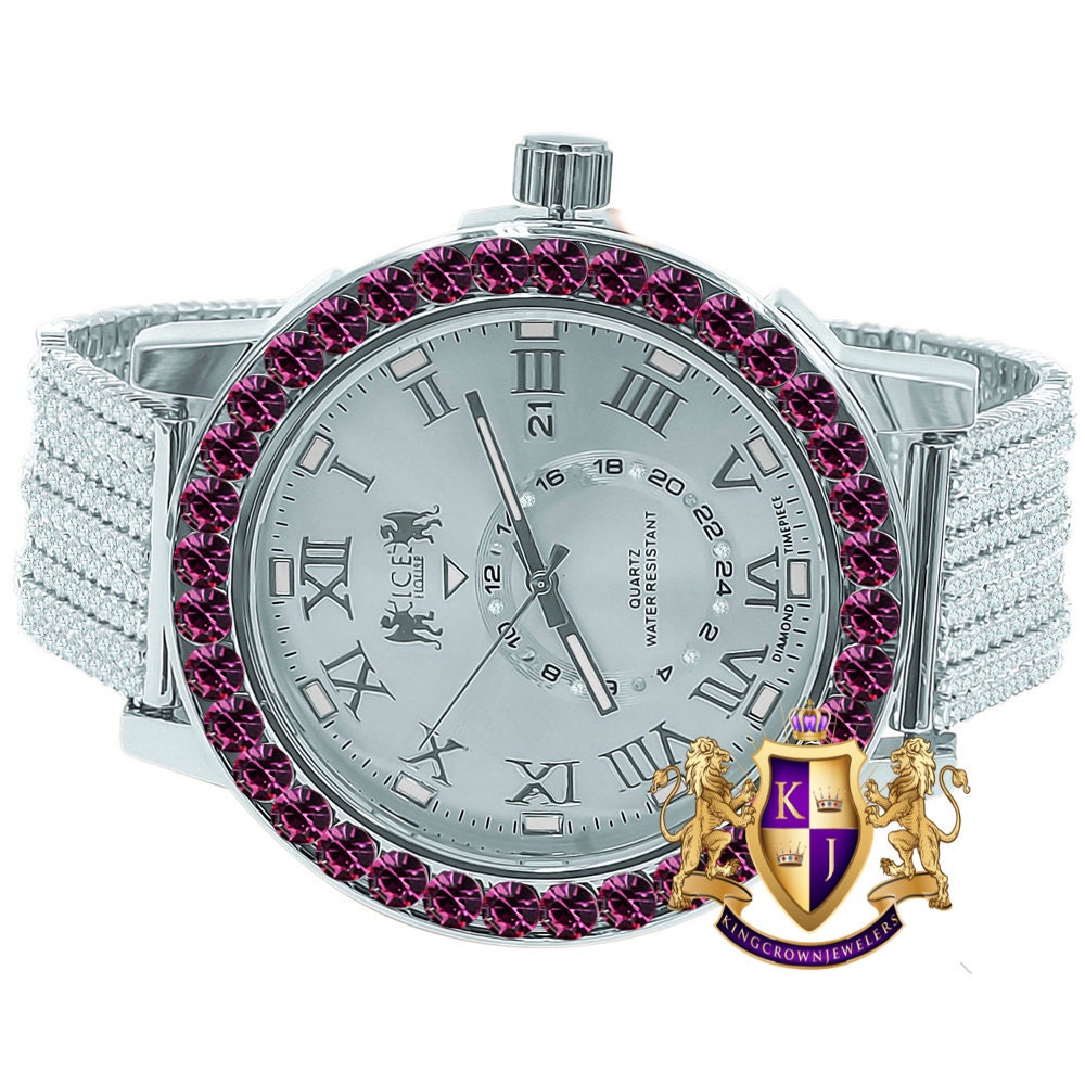 Fire Pink Solitaire Roman Numeral Dial Face 18K White Gold Finish Cwt. Simulated Diamond Men's Custom Designer Watch With Date 54mm
