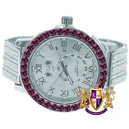 Fire Pink Solitaire Roman Numeral Dial Face 18K White Gold Finish Cwt. Simulated Diamond Men's Custom Designer Watch With Date 54mm