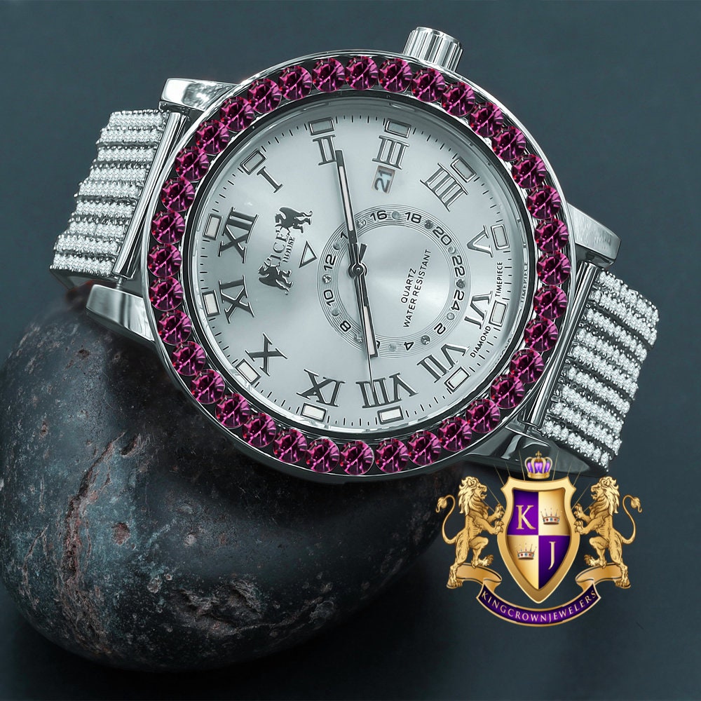 Fire Pink Solitaire Roman Numeral Dial Face 18K White Gold Finish Cwt. Simulated Diamond Men's Custom Designer Watch With Date 54mm