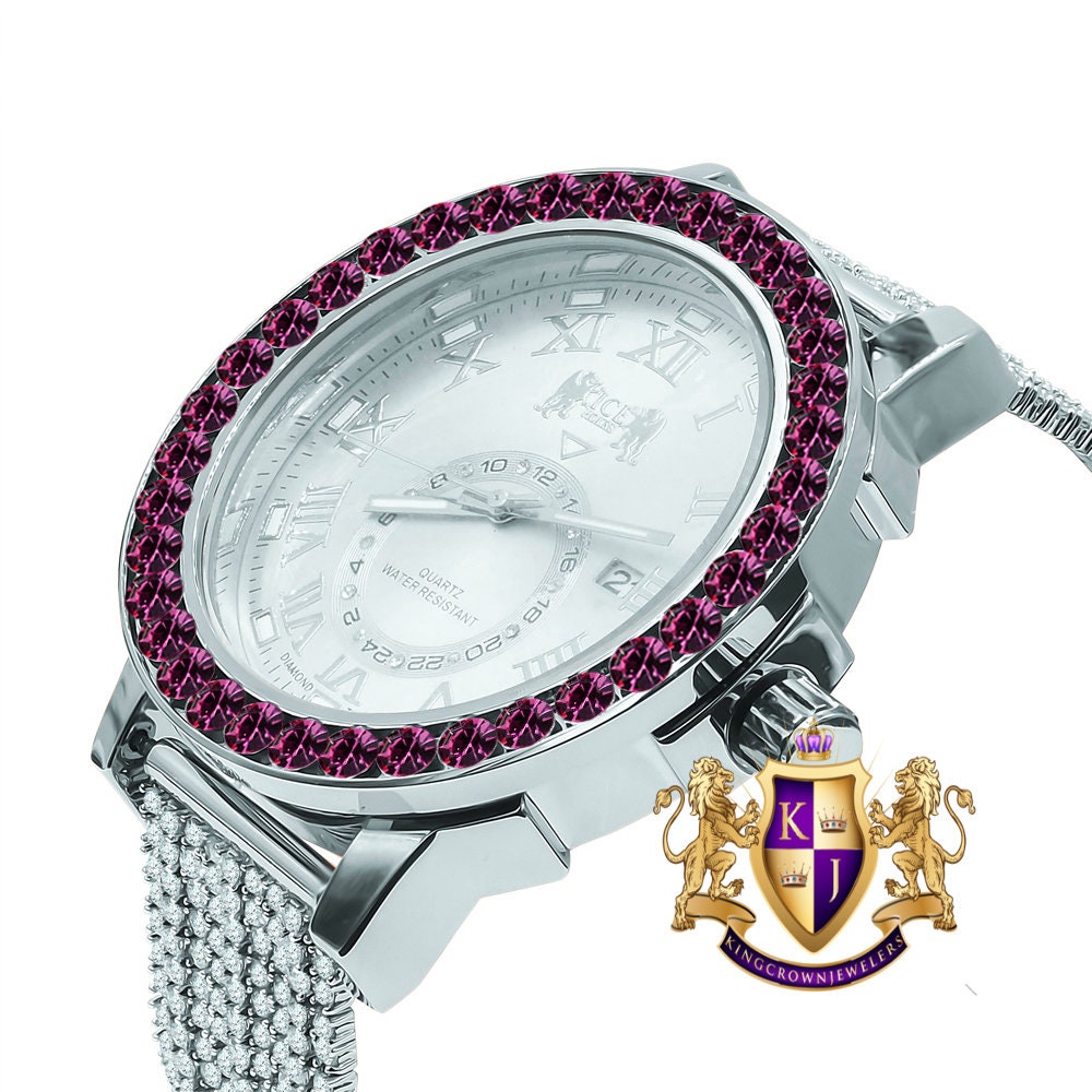 Fire Pink Solitaire Roman Numeral Dial Face 18K White Gold Finish Cwt. Simulated Diamond Men's Custom Designer Watch With Date 54mm