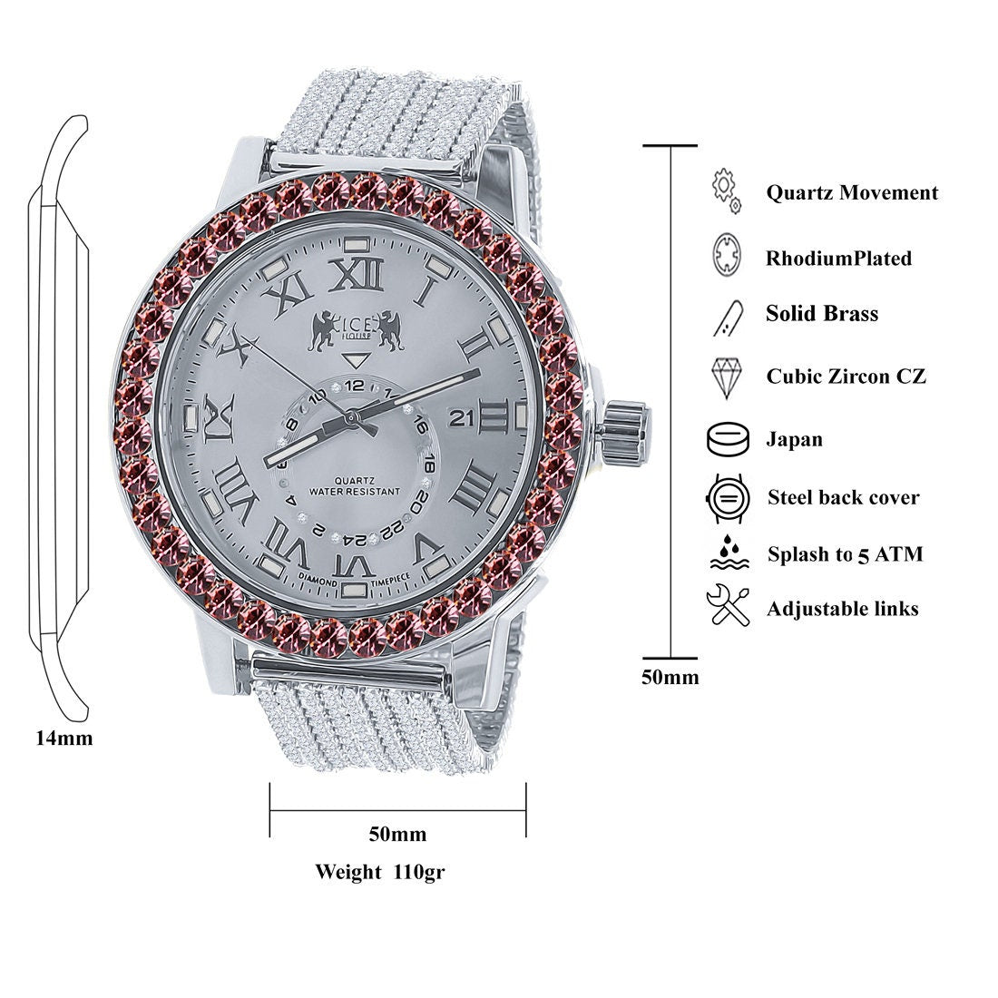 Soft Baby Pink Solitaire Roman Numeral Dial 18K White Gold Finish 12 Cwt. Simulated Diamond Men's Custom Designer Watch With Date 54mm