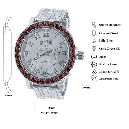 Fire Pink Solitaire Roman Numeral Dial Face 18K White Gold Finish Cwt. Simulated Diamond Men's Custom Designer Watch With Date 54mm