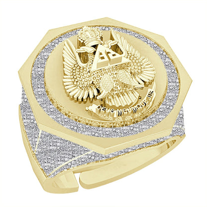 Men's Real Genuine Diamond 1.25 Cwt. Scottish Rite 32 Degree Wings Up Masonic Knights Templar Freemasonry Band Ring 10K Gold Over 17+ Grams