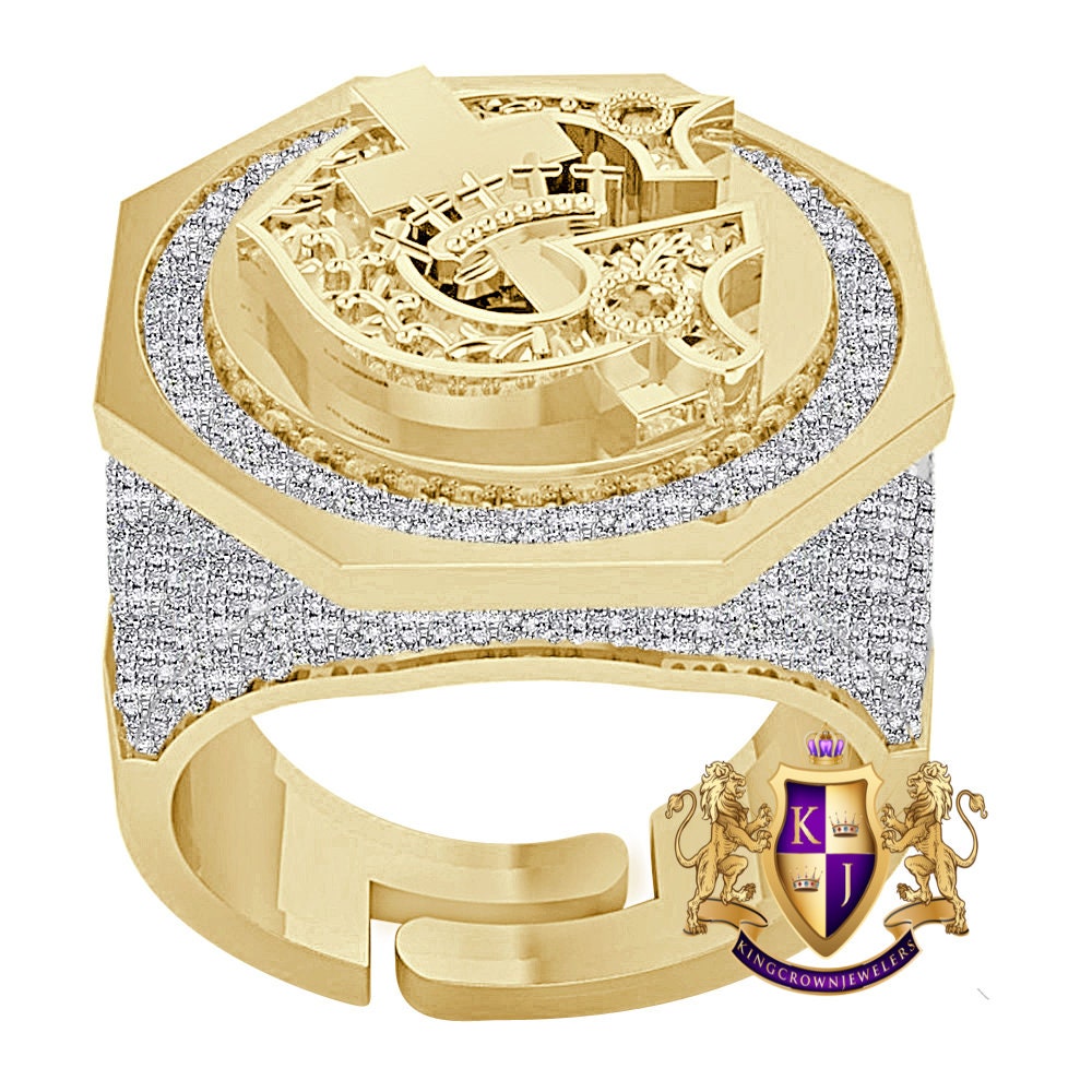 Men's Real Genuine Authentic Diamond 1.25 Cwt. 10K Gold Over Knights Templar Masonic Freemason Custom Ring Band 22mm 17+ Grams