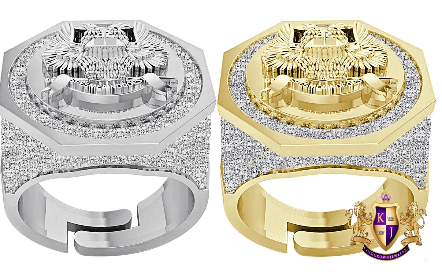 Real Genuine Diamond 1.25 Cwt. Scottish Rite 32 Degree Wings Up Masonic Knights Templar Freemasonry Men's Band Ring 10K Gold Over 17+ Grams