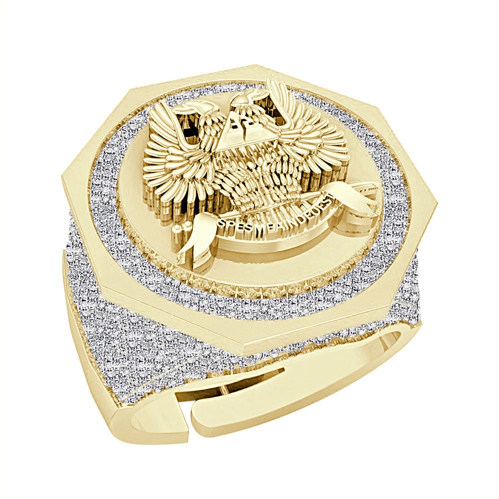 Real Genuine Diamond 1.25 Cwt. Scottish Rite 32 Degree Wings Up Masonic Knights Templar Freemasonry Men's Band Ring 10K Gold Over 17+ Grams