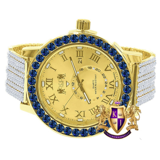 Sapphire Blue Solitaire Roman Numeral Dial Face 18K Yellow Gold Tone 12 Ct. Simulated Diamond Men's Custom Designer Luxury Watch W/Date 54mm