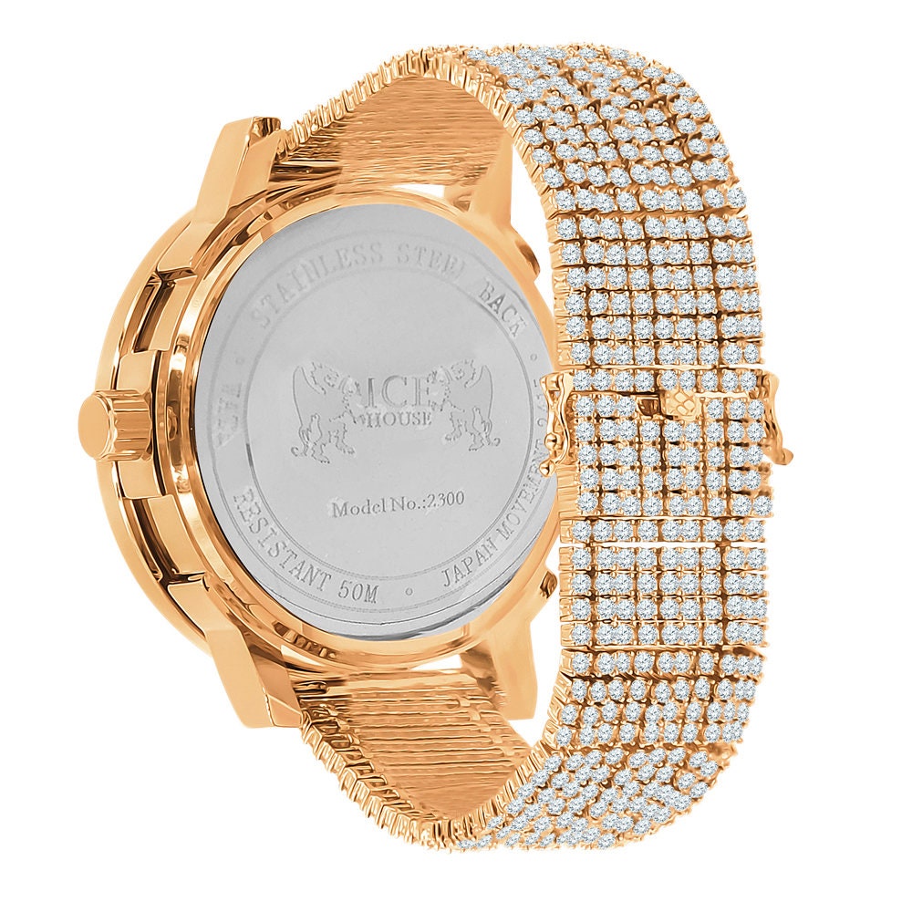 Sapphire Blue Solitaire Roman Numeral Dial 18K Rose Gold Finish 12 Cwt. Simulated Diamond Men's Custom Designer Luxury Watch With Date 54mm