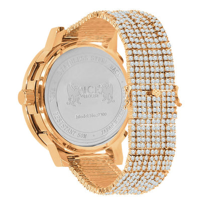 Sapphire Blue Solitaire Roman Numeral Dial 18K Rose Gold Finish 12 Cwt. Simulated Diamond Men's Custom Designer Luxury Watch With Date 54mm