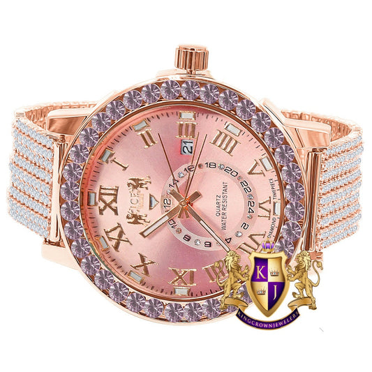 Soft Baby Pink Solitaire Roman Numeral Dial 18K Rose Gold Finish 12 Cwt. Simulated Diamond Men's Custom Designer Watch With Date 54mm
