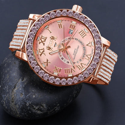 Soft Baby Pink Solitaire Roman Numeral Dial 18K Rose Gold Finish 12 Cwt. Simulated Diamond Men's Custom Designer Watch With Date 54mm