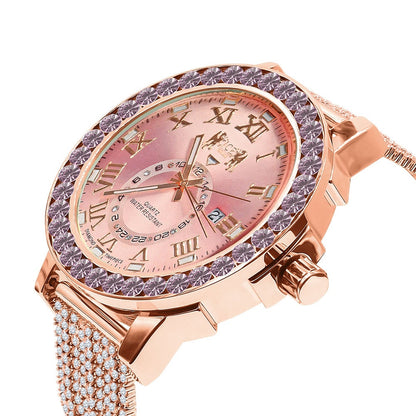 Soft Baby Pink Solitaire Roman Numeral Dial 18K Rose Gold Finish 12 Cwt. Simulated Diamond Men's Custom Designer Watch With Date 54mm