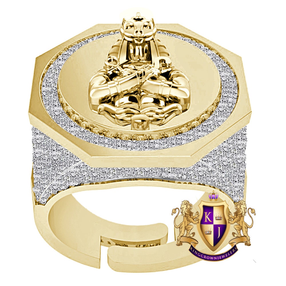 Men's Real Genuine Diamond 1.25 Cwt. Egyptian God Anubis Ankh Pharaoh Ring 10K Gold Over 22mm Band 17+ Grams