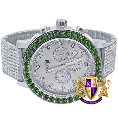 Men's Solitaire Emerald Green Dial Face 18k White Gold Finish 12 Cwt. Simulated Diamond Exclusive Custom Luxury Watch W/Date 50mm
