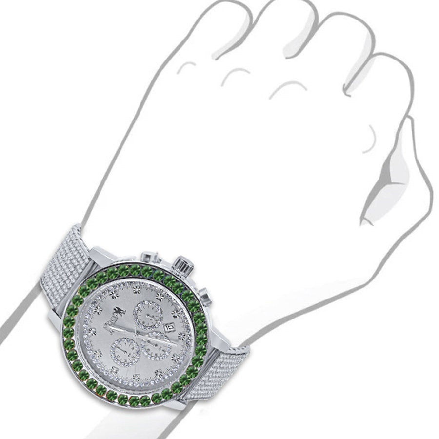 Men's Solitaire Emerald Green Dial Face 18k White Gold Finish 12 Cwt. Simulated Diamond Exclusive Custom Luxury Watch W/Date 50mm