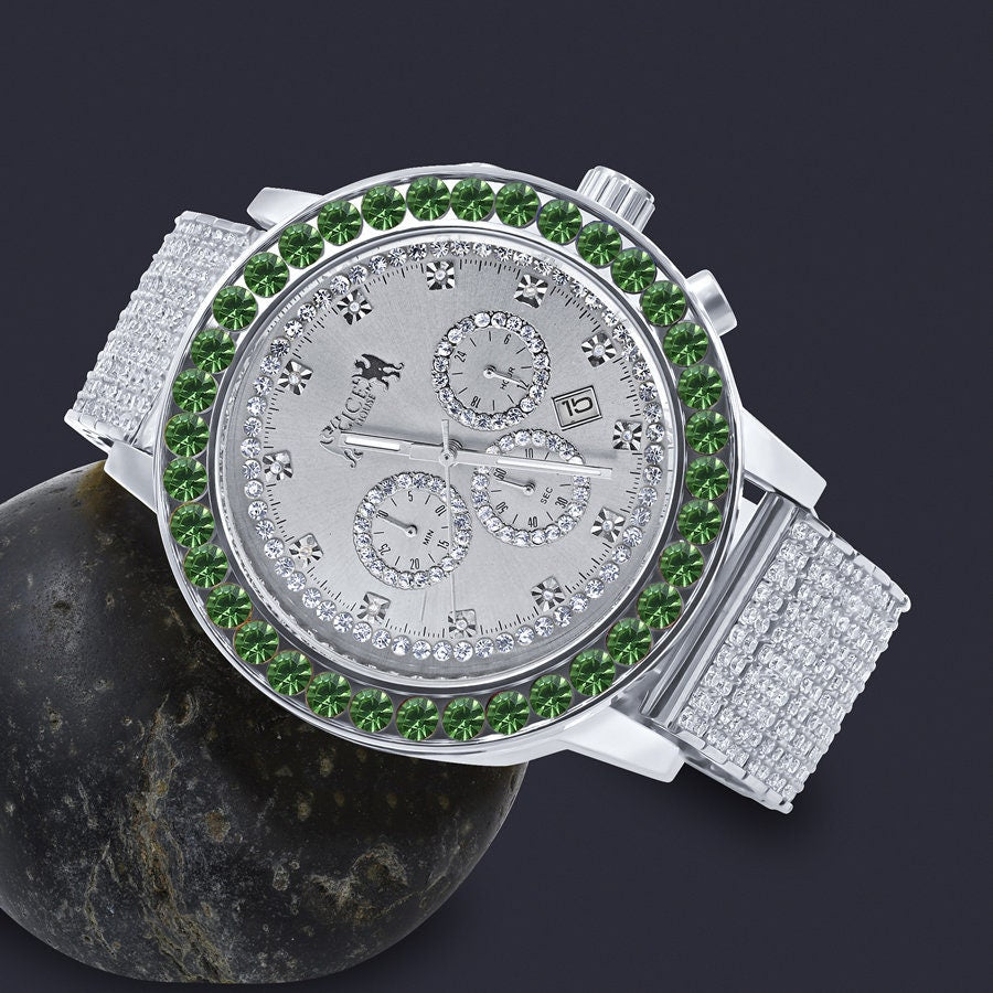 Men's Solitaire Emerald Green Dial Face 18k White Gold Finish 12 Cwt. Simulated Diamond Exclusive Custom Luxury Watch W/Date 50mm