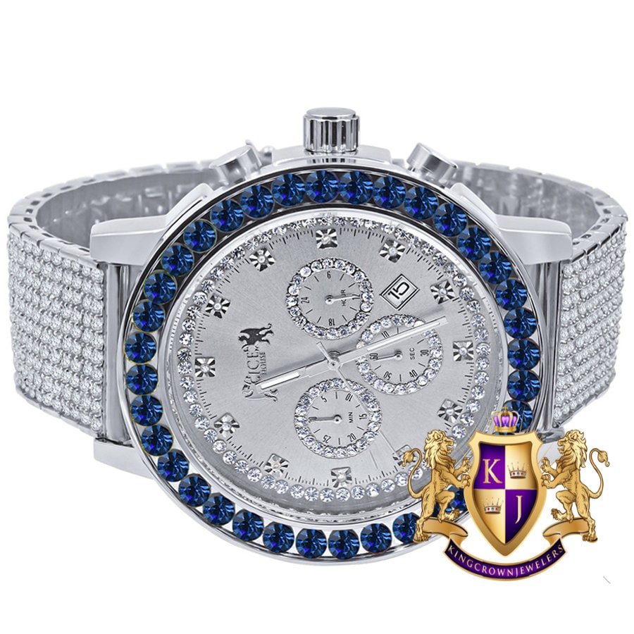 Men's Solitaire Sapphire Blue Dial Face 18k White Gold Finish 12 Cwt. Simulated Diamond Exclusive Custom Luxury Watch W/Date 50mm