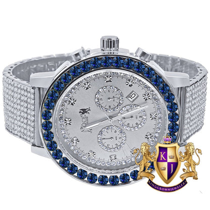 Men's Solitaire Sapphire Blue Dial Face 18k White Gold Finish 12 Cwt. Simulated Diamond Exclusive Custom Luxury Watch W/Date 50mm