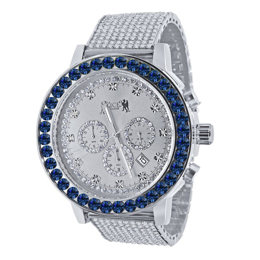 Men's Solitaire Sapphire Blue Dial Face 18k White Gold Finish 12 Cwt. Simulated Diamond Exclusive Custom Luxury Watch W/Date 50mm