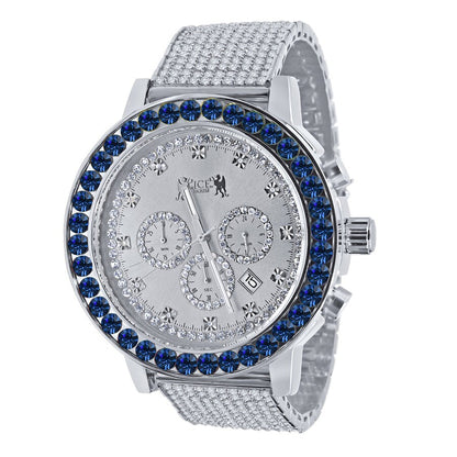 Men's Solitaire Sapphire Blue Dial Face 18k White Gold Finish 12 Cwt. Simulated Diamond Exclusive Custom Luxury Watch W/Date 50mm