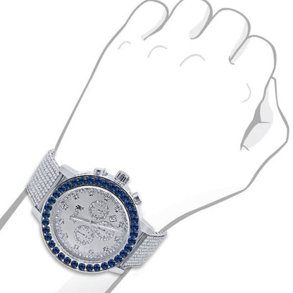 Men's Solitaire Sapphire Blue Dial Face 18k White Gold Finish 12 Cwt. Simulated Diamond Exclusive Custom Luxury Watch W/Date 50mm