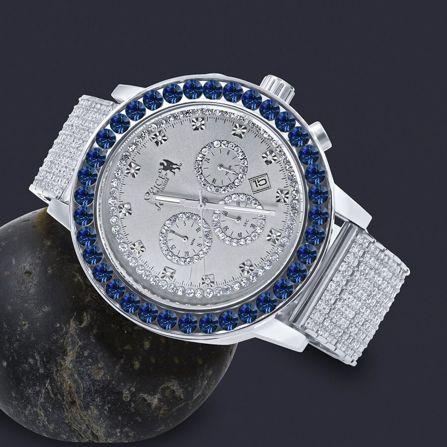 Men's Solitaire Sapphire Blue Dial Face 18k White Gold Finish 12 Cwt. Simulated Diamond Exclusive Custom Luxury Watch W/Date 50mm