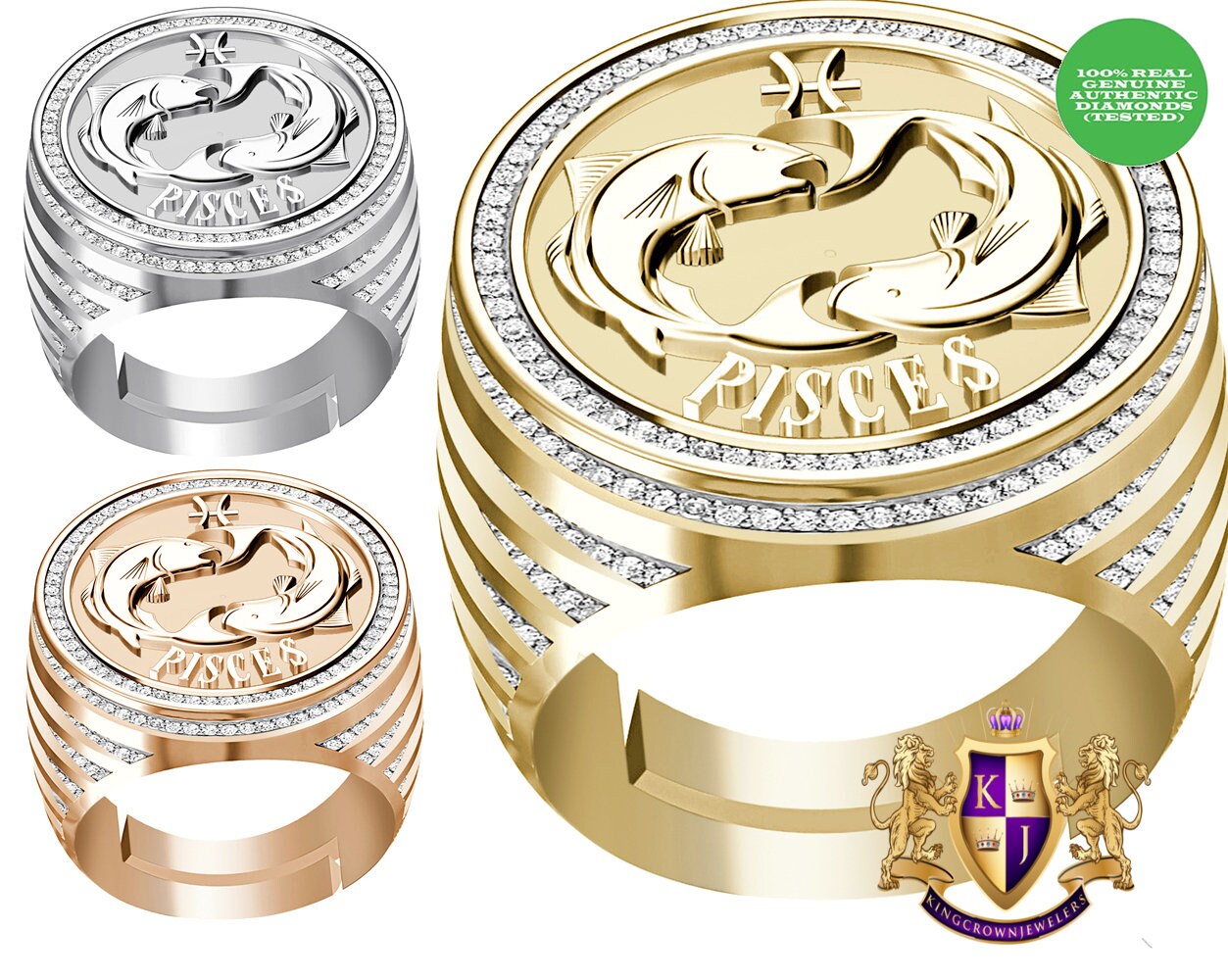 Men's Real Genuine Diamond 1.00 Cwt. Zodiac Astrological Sign Pisces Water Fish Horoscope Band 10K Solid Gold On Ring 24mm (Adjustable Size)