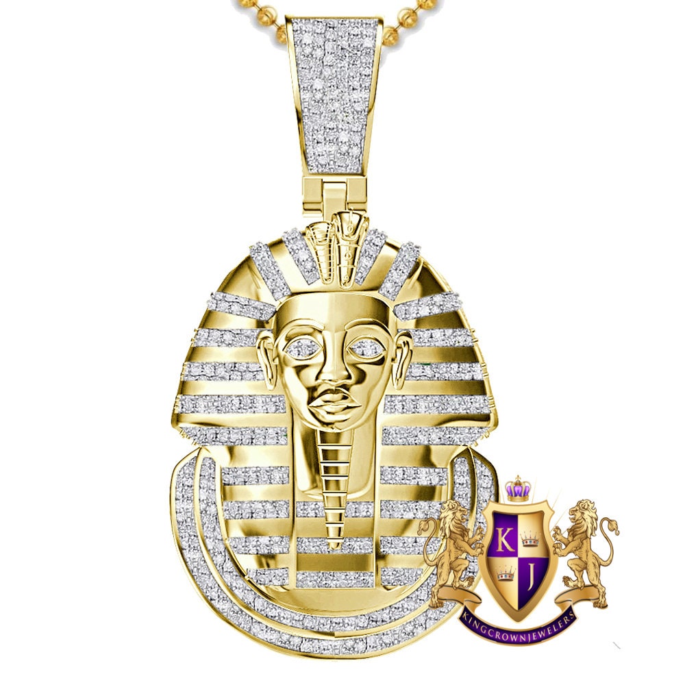 Real Genuine Authentic Diamond 0.60 Cwt. 24+ Grams Egyptian King Tut Pharaoh Ramesses Mummy Charm 10K Solid Gold Finish Pendant + Chain 2''