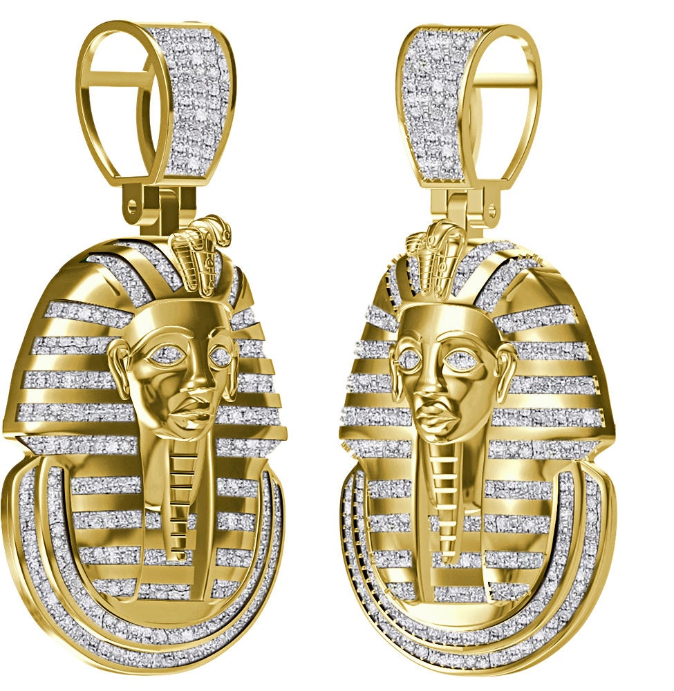 Real Genuine Authentic Diamond 0.60 Cwt. 24+ Grams Egyptian King Tut Pharaoh Ramesses Mummy Charm 10K Solid Gold Finish Pendant + Chain 2''