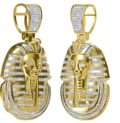 Real Genuine Authentic Diamond 0.60 Cwt. 24+ Grams Egyptian King Tut Pharaoh Ramesses Mummy Charm 10K Solid Gold Finish Pendant + Chain 2''