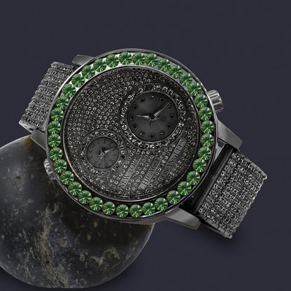 Men's Solitaire Emerald Green Dial Face Working Chronograph Diamond 18K Black Gold Finish Bezel Band Custom Luxury Watch Analog 45mm W/Date