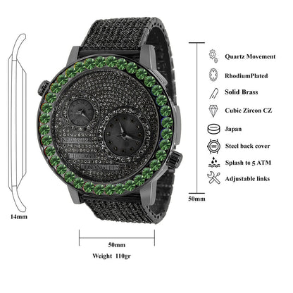 Men's Solitaire Emerald Green Dial Face Working Chronograph Diamond 18K Black Gold Finish Bezel Band Custom Luxury Watch Analog 45mm W/Date