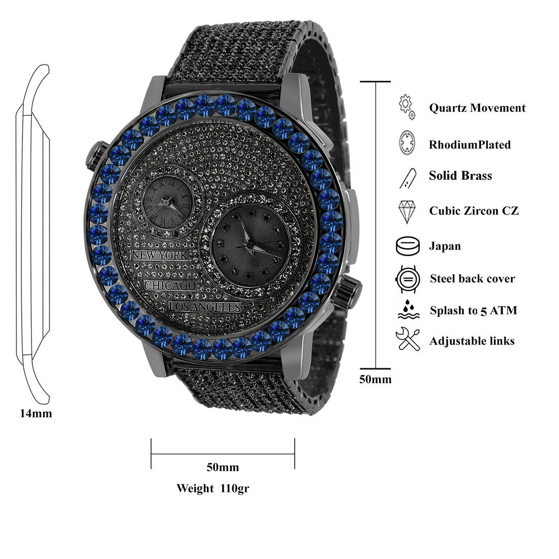 Men's Solitaire Blue Sapphire Dial Face Working Chronograph Diamond 18K Black Gold Finish Bezel Band Custom Luxury Watch Analog 45mm W/Date