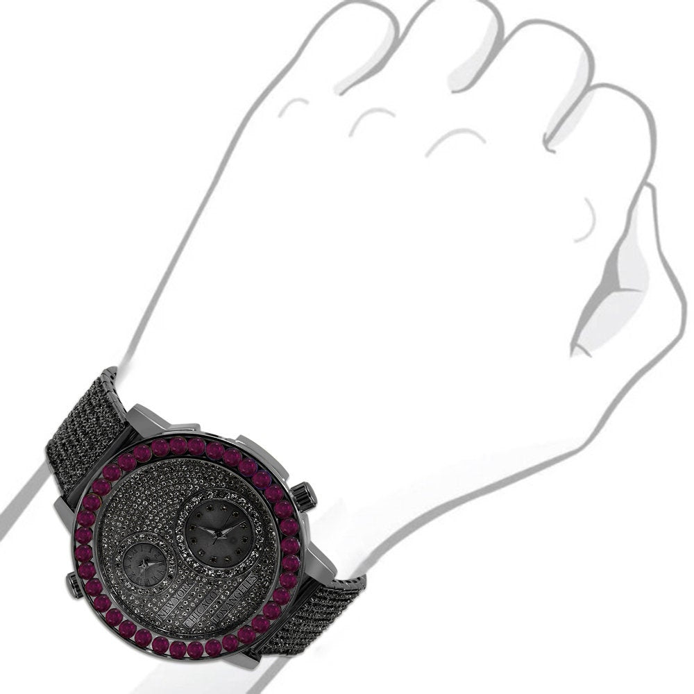 Men's Solitaire Fire Pink Dial Face Working Chronograph Diamond 18K Black Gold Finish Bezel Band Custom Luxury Watch Analog 45mm W/Date