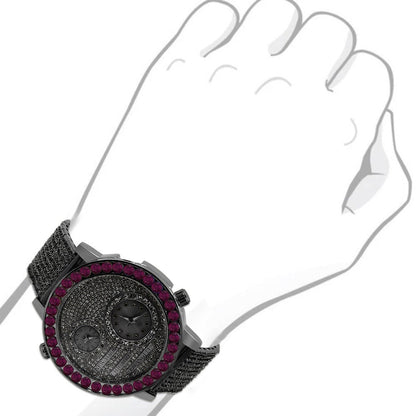 Men's Solitaire Fire Pink Dial Face Working Chronograph Diamond 18K Black Gold Finish Bezel Band Custom Luxury Watch Analog 45mm W/Date