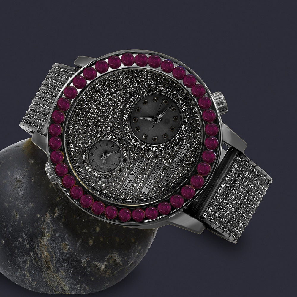 Men's Solitaire Fire Pink Dial Face Working Chronograph Diamond 18K Black Gold Finish Bezel Band Custom Luxury Watch Analog 45mm W/Date