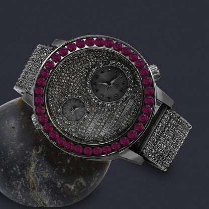Men's Solitaire Fire Pink Dial Face Working Chronograph Diamond 18K Black Gold Finish Bezel Band Custom Luxury Watch Analog 45mm W/Date