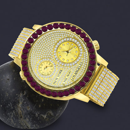 Men's Solitaire Fire Pink Dial Face Working Chronograph Diamond 18K Yellow Gold Finish Bezel Band Custom Luxury Watch Analog 45mm W/Date