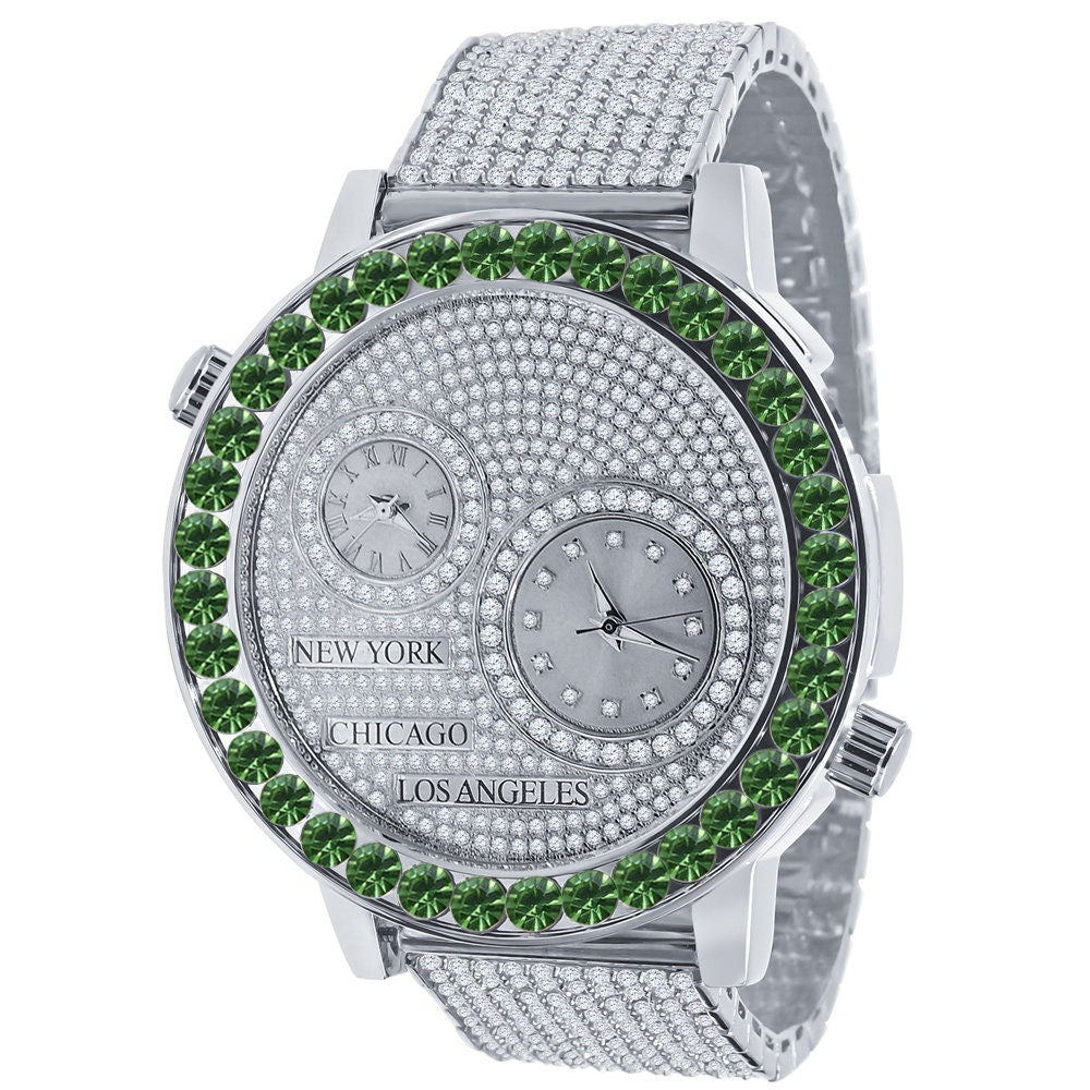 Men's Solitaire Emerald Green Dial Face Working Chronograph Diamond 18K White Gold Finish Bezel Band Custom Luxury Watch Analog 45mm W/Date