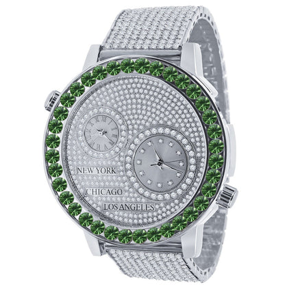 Men's Solitaire Emerald Green Dial Face Working Chronograph Diamond 18K White Gold Finish Bezel Band Custom Luxury Watch Analog 45mm W/Date
