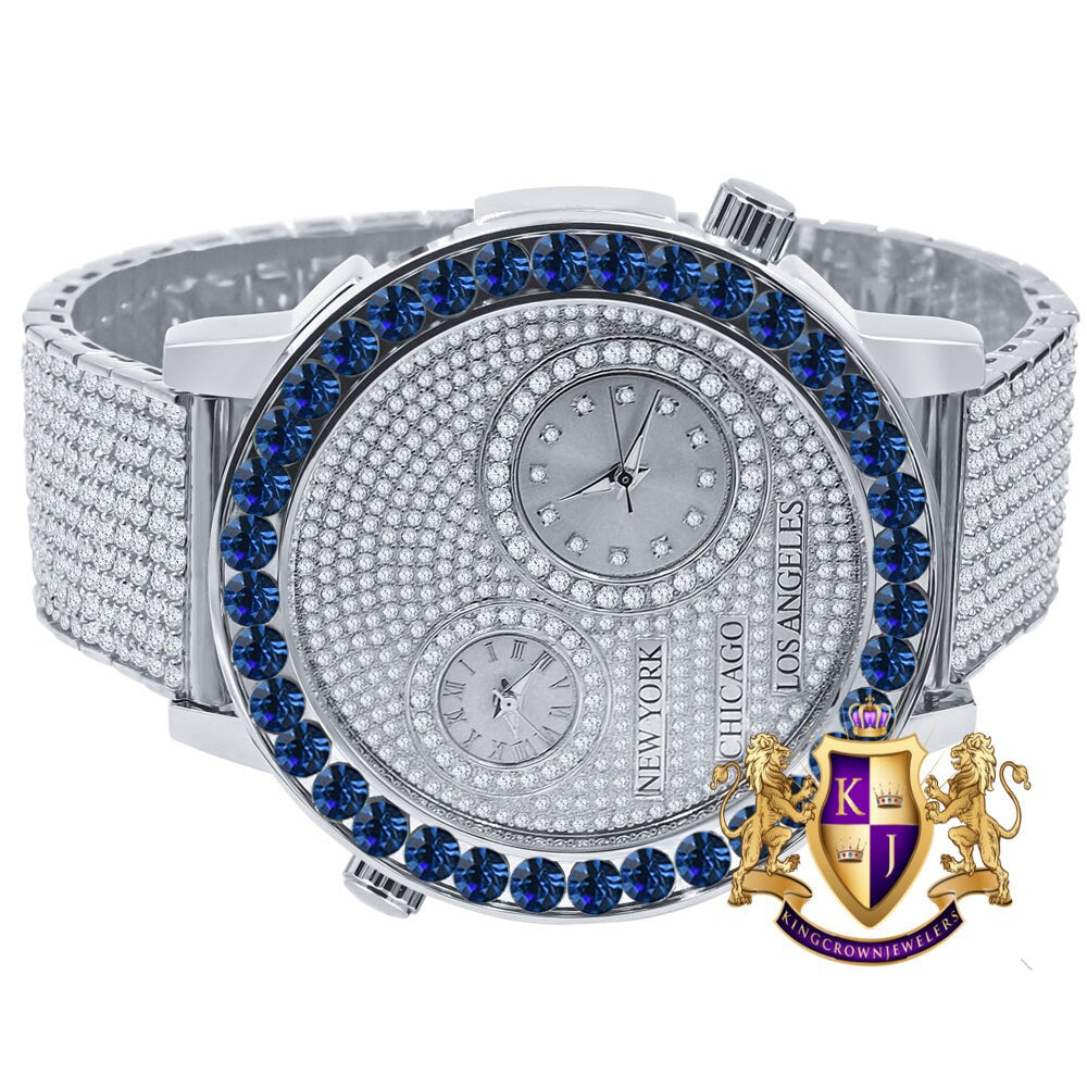 Men's Solitaire Blue Sapphire Dial Face Working Chronograph Diamond 18K White Gold Finish Bezel Band Custom Luxury Watch Analog 45mm W/Date