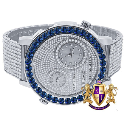 Men's Solitaire Blue Sapphire Dial Face Working Chronograph Diamond 18K White Gold Finish Bezel Band Custom Luxury Watch Analog 45mm W/Date