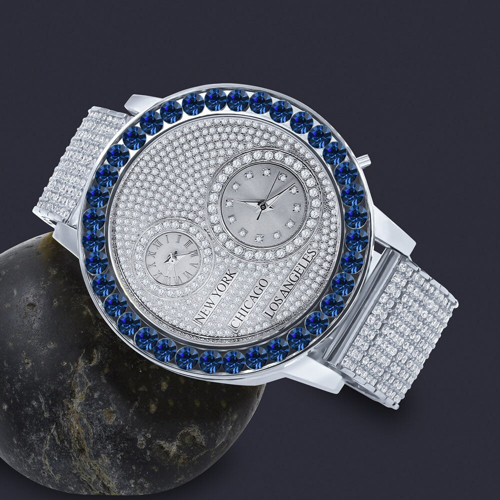 Men's Solitaire Blue Sapphire Dial Face Working Chronograph Diamond 18K White Gold Finish Bezel Band Custom Luxury Watch Analog 45mm W/Date