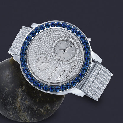 Men's Solitaire Blue Sapphire Dial Face Working Chronograph Diamond 18K White Gold Finish Bezel Band Custom Luxury Watch Analog 45mm W/Date