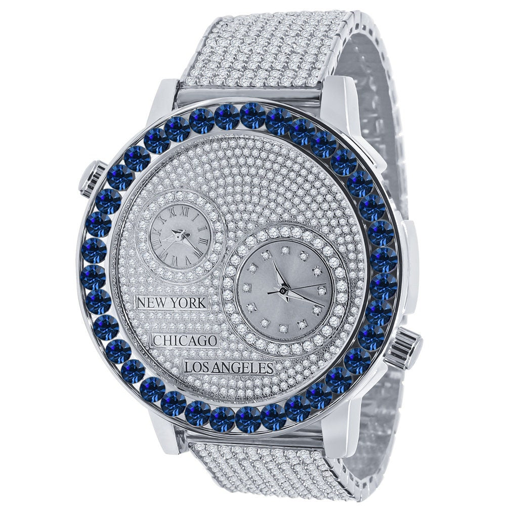 Men's Solitaire Blue Sapphire Dial Face Working Chronograph Diamond 18K White Gold Finish Bezel Band Custom Luxury Watch Analog 45mm W/Date
